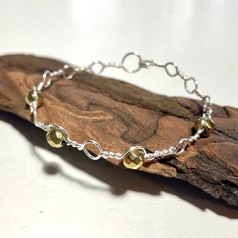 Handcrafted Silver Plated and Gold Tone Beaded Bangle Bracelet